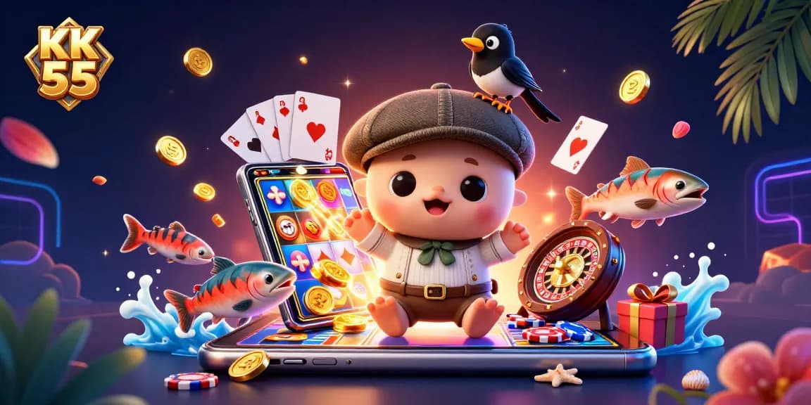 Spin the reels at KK 55 with a colorful slot game featuring dynamic casino characters.
