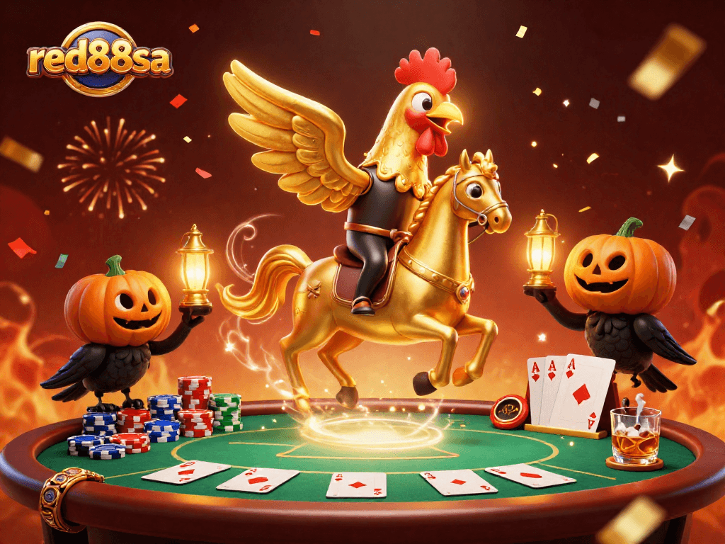 red88sa golden rooster galloping through a vibrant casino with poker elements amidst celebration.