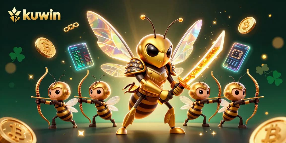 Kuwin's vibrant gaming world features a golden hornet samurai amidst Bitcoin and Ethereum elements.