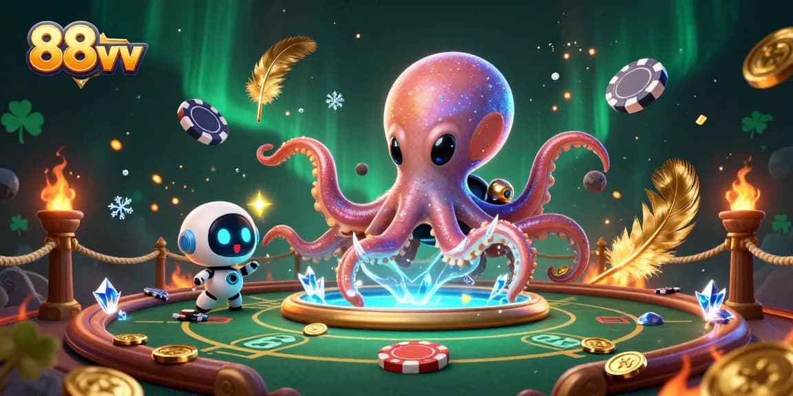 Experience thrilling poker action with the 88vv alien octopus at a holographic table amidst cosmic visuals.