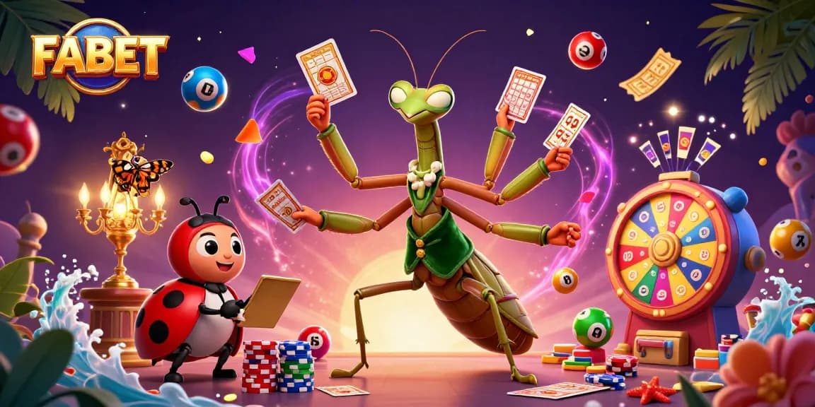 Experience thrilling gameplay at FABET, where the giant praying mantis deals cards amidst colorful gambling elements.