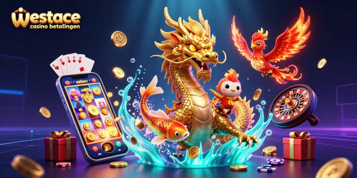 Speel op westace casino betalingen met een gouden draak, feniks en geluksvis omringd door casinospellen.