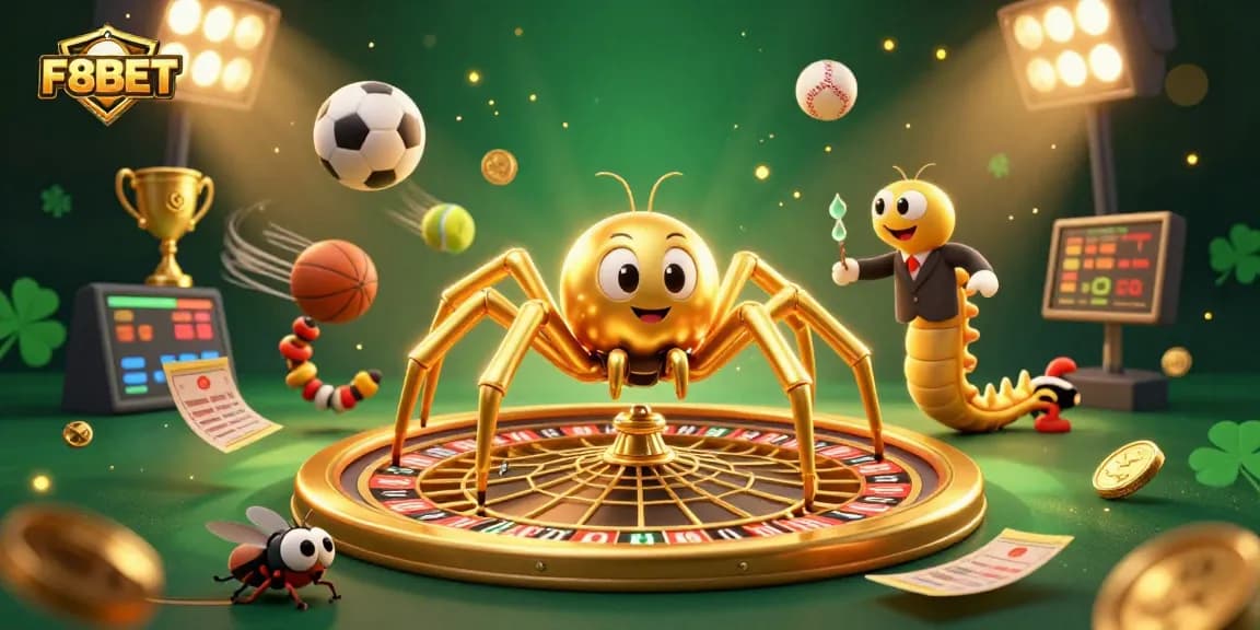 Engage in thrilling bets at F8BET with a dynamic 3D casino illustration featuring playful characters and sports elements.