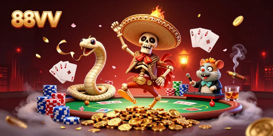 Experience the excitement of 88VV with vibrant casino characters celebrating on golden coins amid poker action.