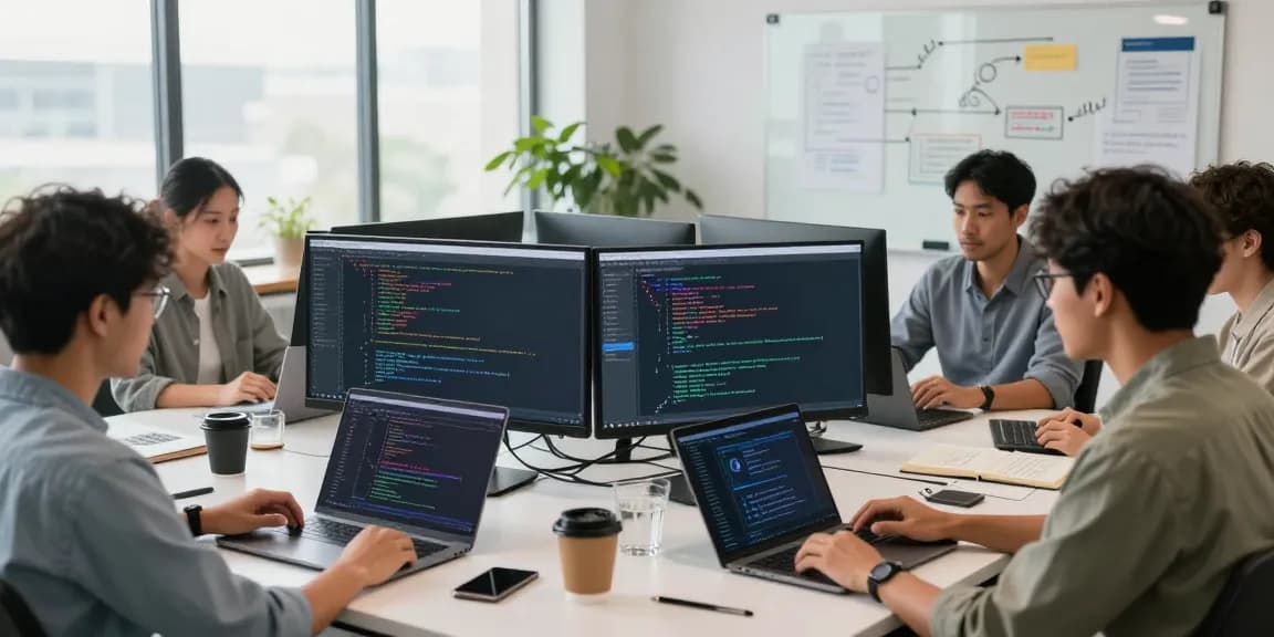 Team of software engineers collaboratively developing solutions with an AI code generator tool in a modern office.