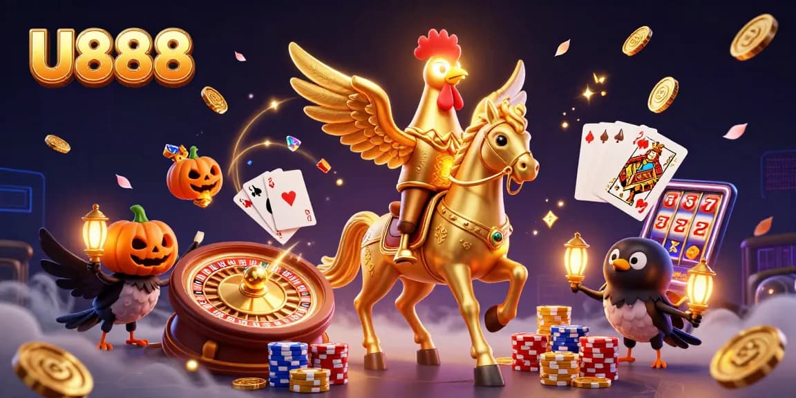 U888 illuminates the casino scene with golden rooster, spinning roulette, and vibrant gambling elements.