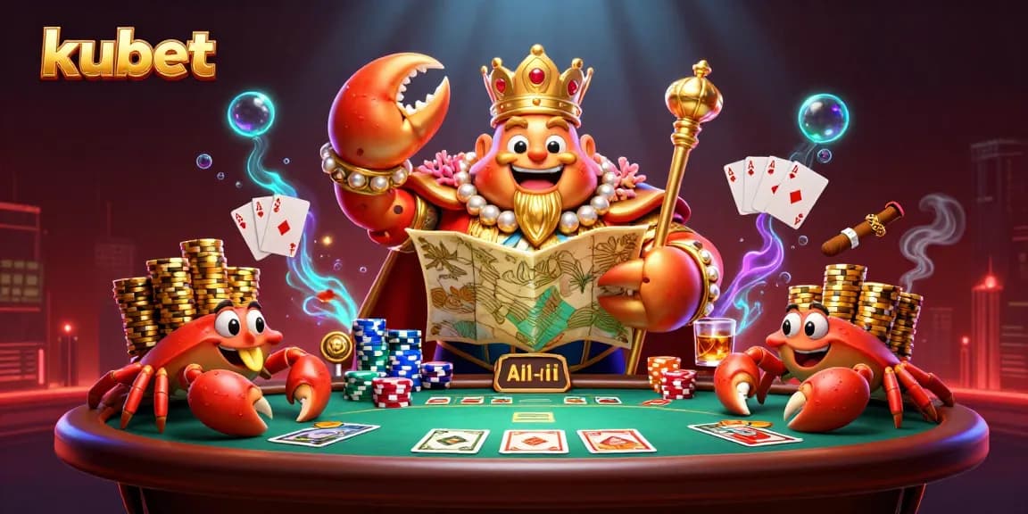 Kubet's golden crab emperor rules the casino with vibrant poker elements and rich treasures.