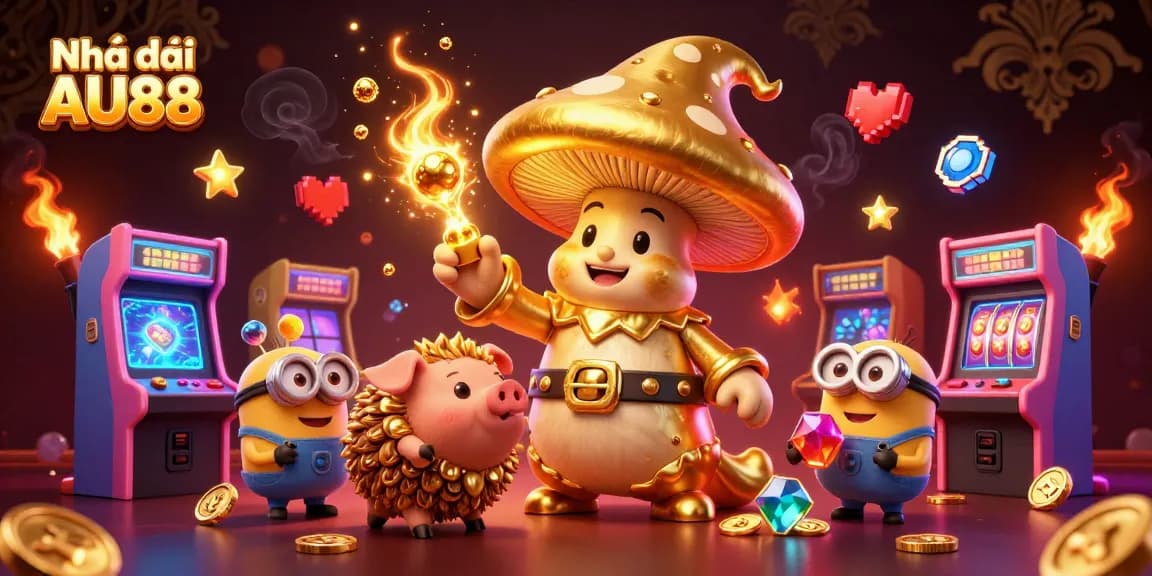 Engage with Nhà cái AU88's vibrant 3D casino scene featuring magical characters and dynamic gaming elements.