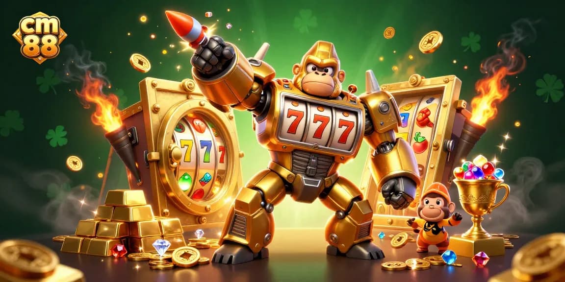 Experience the excitement of cm 88 with a golden gorilla mech and slot elements in a rich casino illustration.