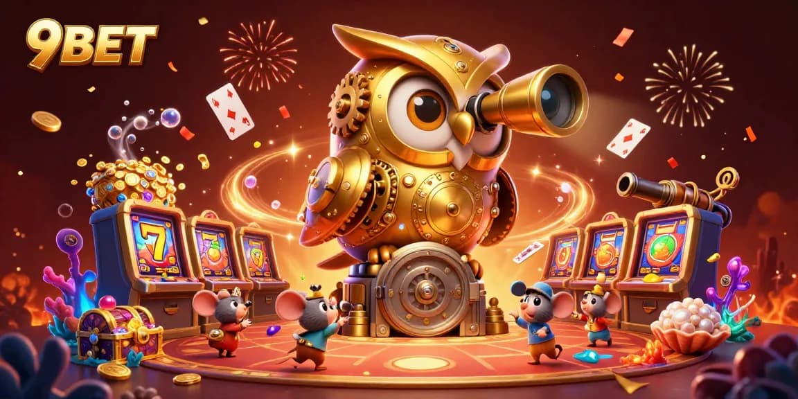 Engage with 9BET in a vibrant 3D cartoon casino scene filled with exciting games and golden treasures.