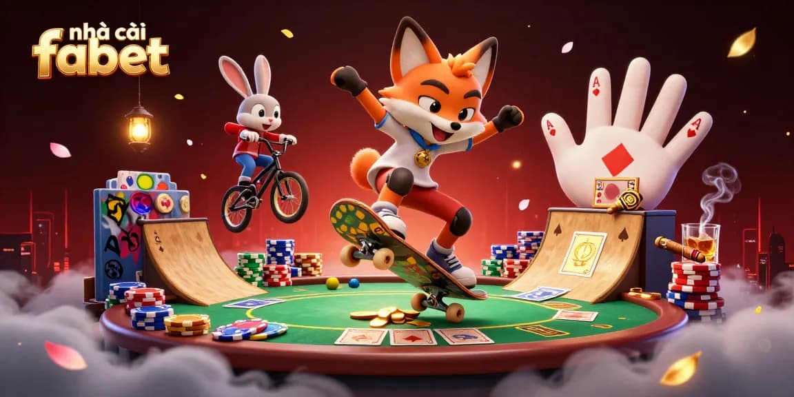 Experience excitement at nhà cái fabet with a vibrant 3D cartoon scene of gambling action featuring the fox and rabbit.