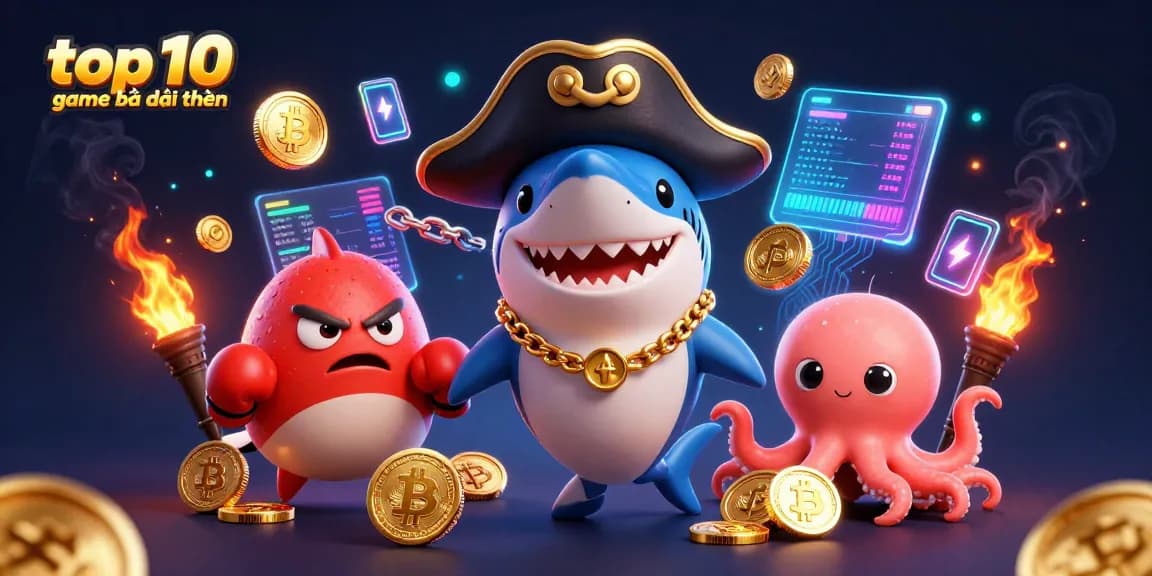 Engage in top 10 game bài đổi thưởng with vibrant 3D casino characters and gold coins.