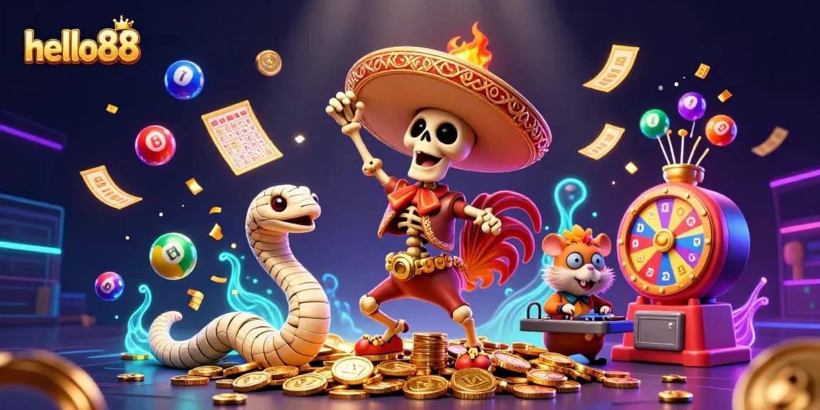 Engage with hello88's thrilling casino experience featuring animated characters celebrating winnings amidst games and prizes.