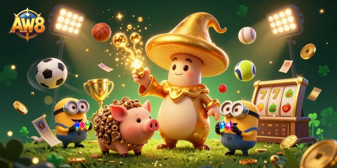 AW8 showcases a magical scene of a golden mushroom wizard and a truffle pig amidst vibrant gambling elements.