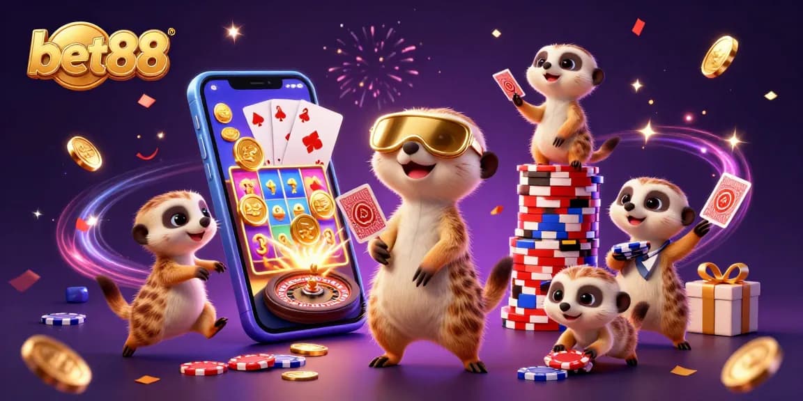 Engage in exciting gaming experiences at bet88 with dynamic meerkats managing a colorful casino.