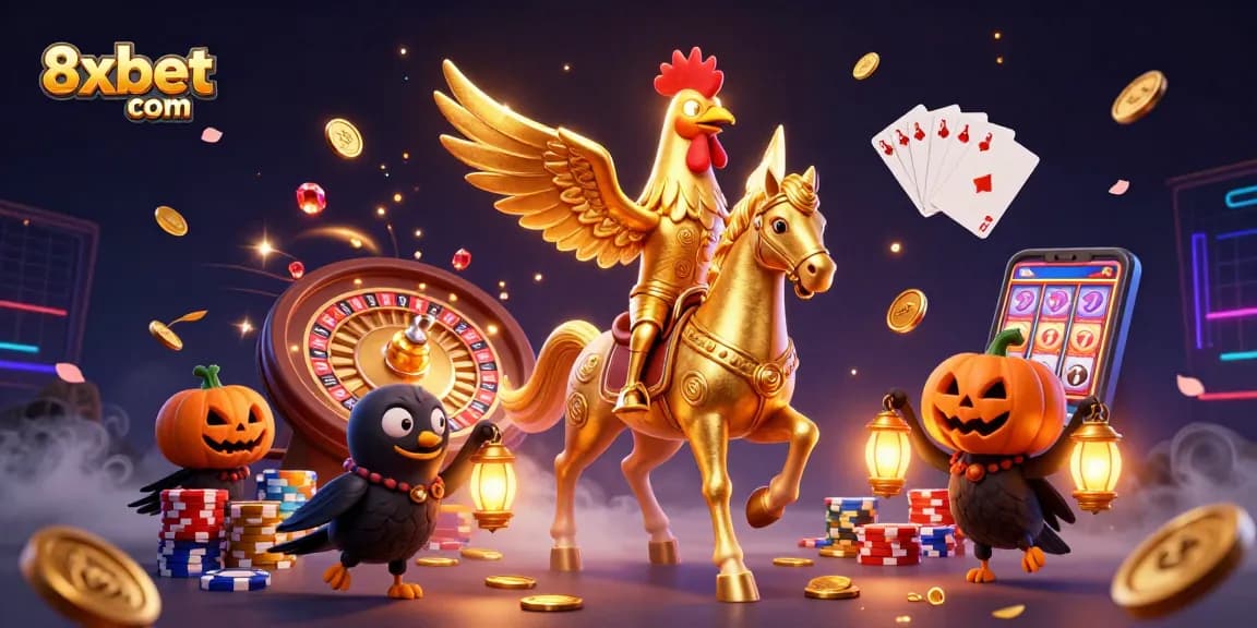 Experience exciting wins at 8xbet com with a vibrant casino illustration featuring a golden rooster and magical elements.