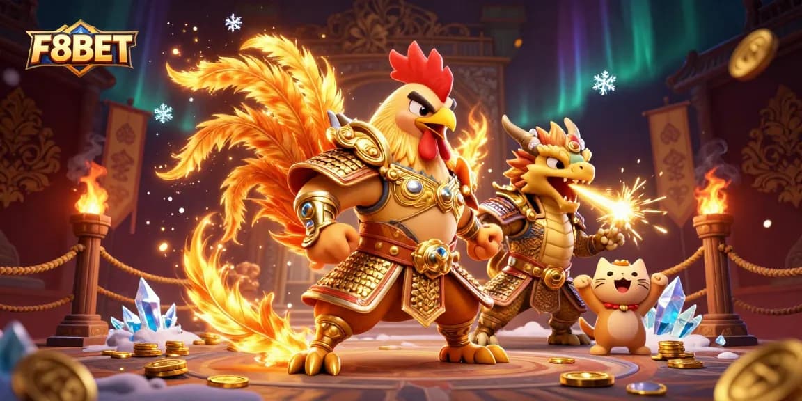 Engage with F8BET's thrilling atmosphere featuring a rooster warrior and dragon in an energetic gambling scene.