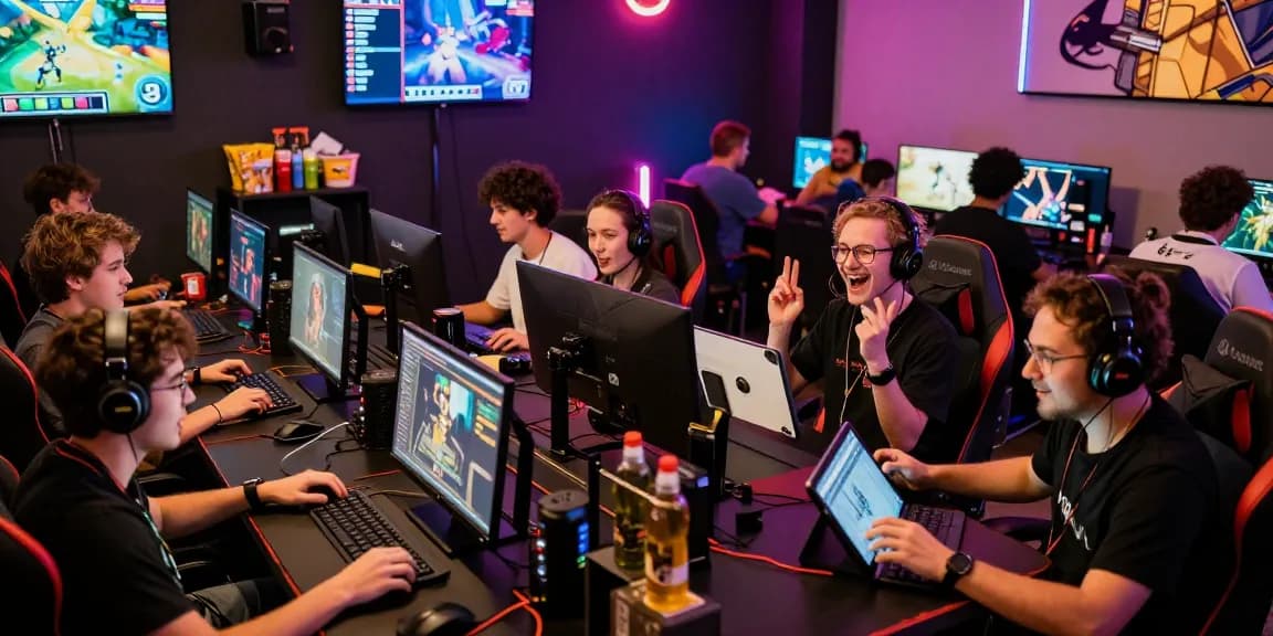 Sun win gaming enthusiasts immersed in vibrant gameplay at a lively gaming event, showcasing excitement and community.