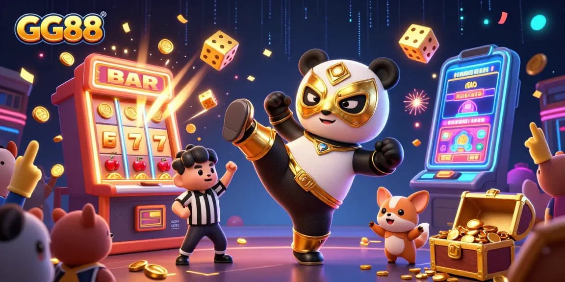 GG88 promotes thrilling online gaming with a panda wrestler and jackpot action in a vibrant 3D scene.