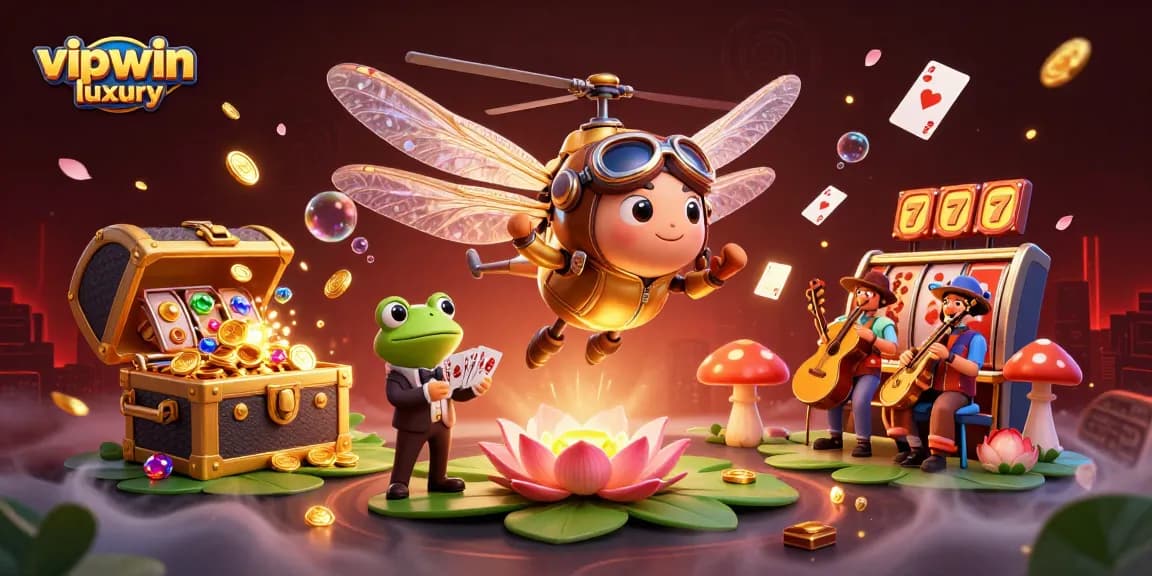 Experience vipwin luxury with a cartoon dragonfly pilot above a vibrant lily pad casino scene.