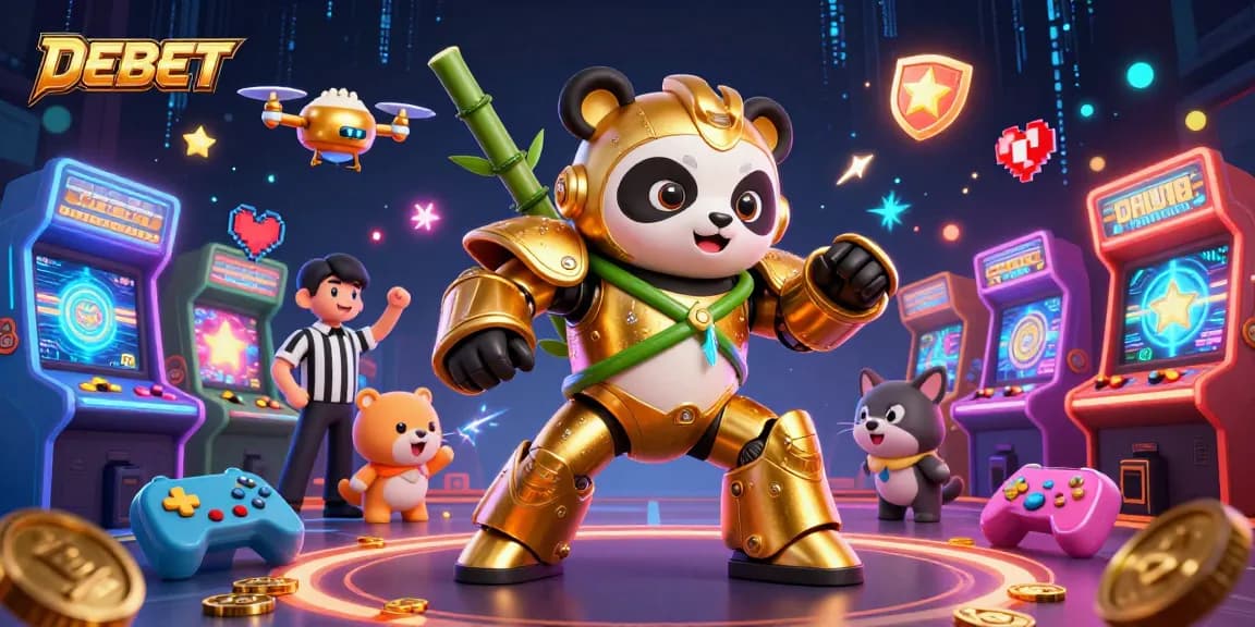 Experience the thrill of DEBET as the golden panda fights in a vibrant arcade casino arena.