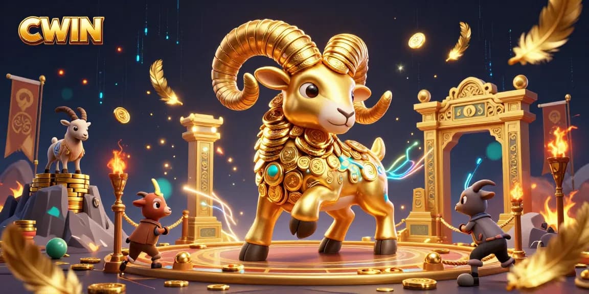 CWIN's dynamic casino scene features a golden ram charging at a mystical gate, surrounded by vibrant betting elements.