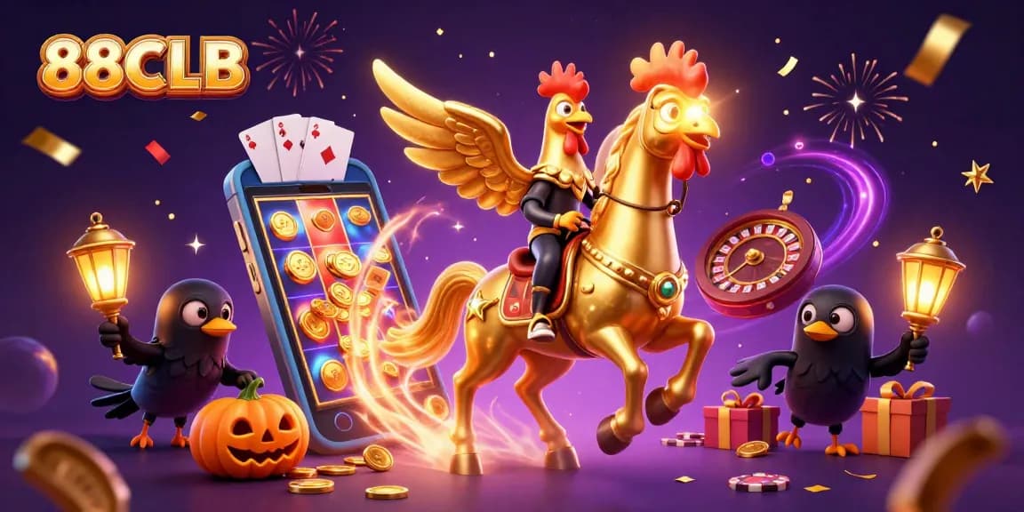 Engage with the thrilling world of 88CLB as the golden rooster rides through a spectacular casino scene.