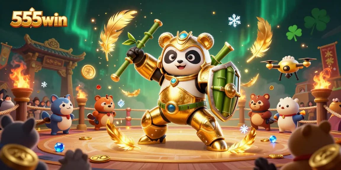 Engage with 555win's animated cockfighting scene featuring a mech-suit panda and exciting arena dynamics.