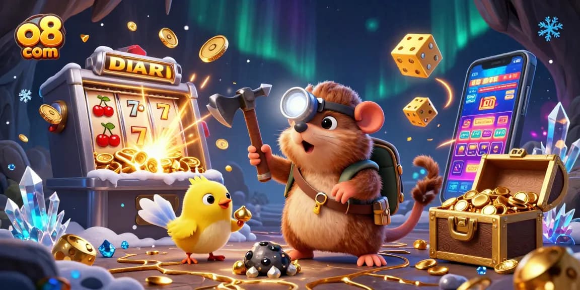 Win big at o8 com with this vibrant casino-themed illustration featuring a treasure hunter and classic gaming elements.