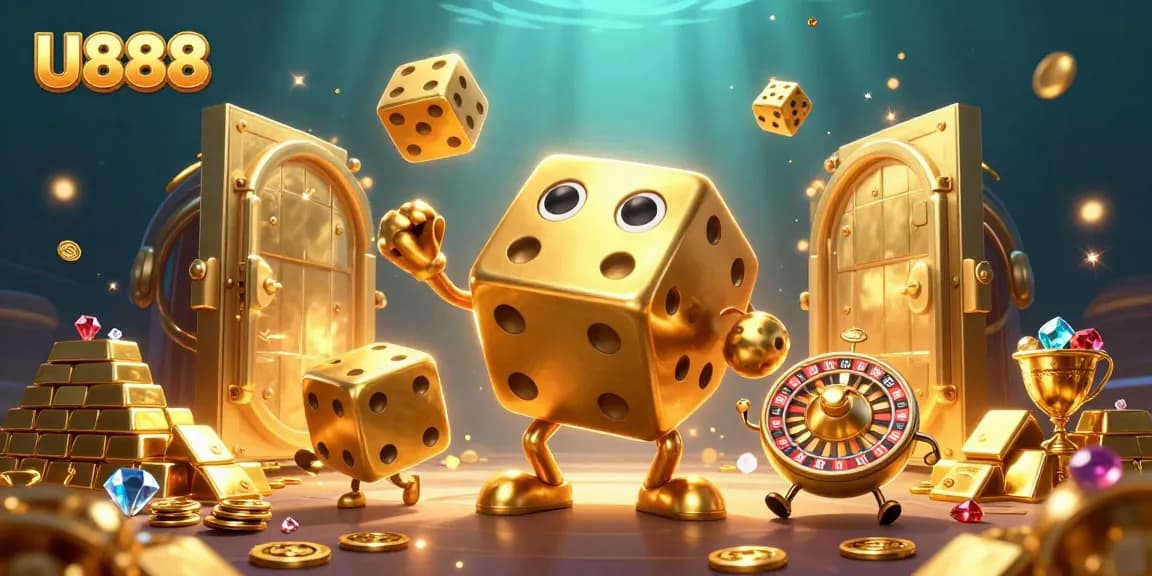 Play with U888's golden dice golem, juggling winnings amid treasure and casino games.