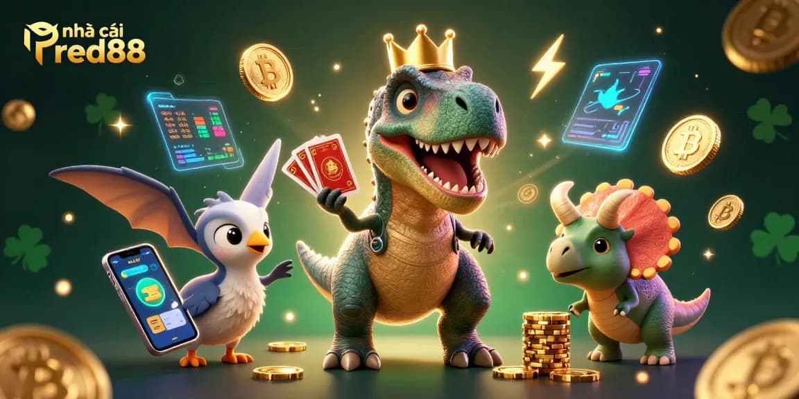 Enjoy a lively scene with friends from nhà cái red88 as a T-Rex shuffles cards with a pterodactyl's help, representing fun and gaming!