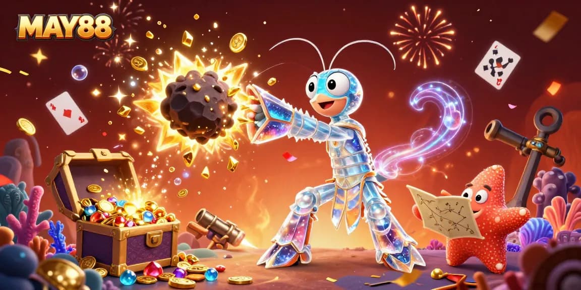 MAY88 showcases a vibrant 3D scene of a galactic samurai and starfish as they uncover hidden treasures.