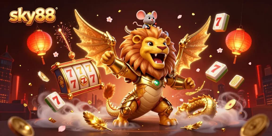 Experience sky88's thrilling slots with a golden chimera, fireworks, and festive decor.