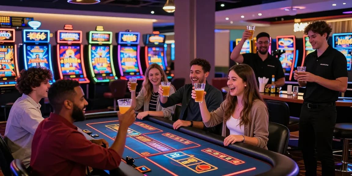 Excited players enjoying their time at KO66 casino, vibrant atmosphere with flashing lights and modern decor.