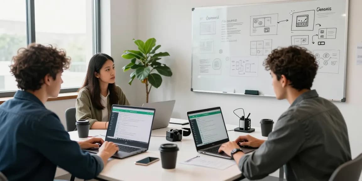 Dynamic team collaborating on WhatsApp電腦版 software features in a bright workspace.