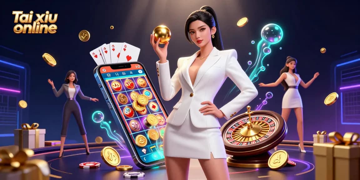 Engage in Tai xiu online with a confident Asian woman holding a golden roulette ball amidst vibrant casino elements.