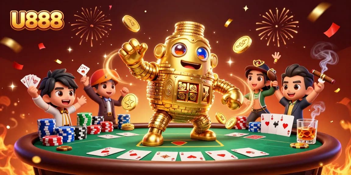 Experience thrilling gameplay at U888, featuring a golden golem amidst vibrant casino elements.
