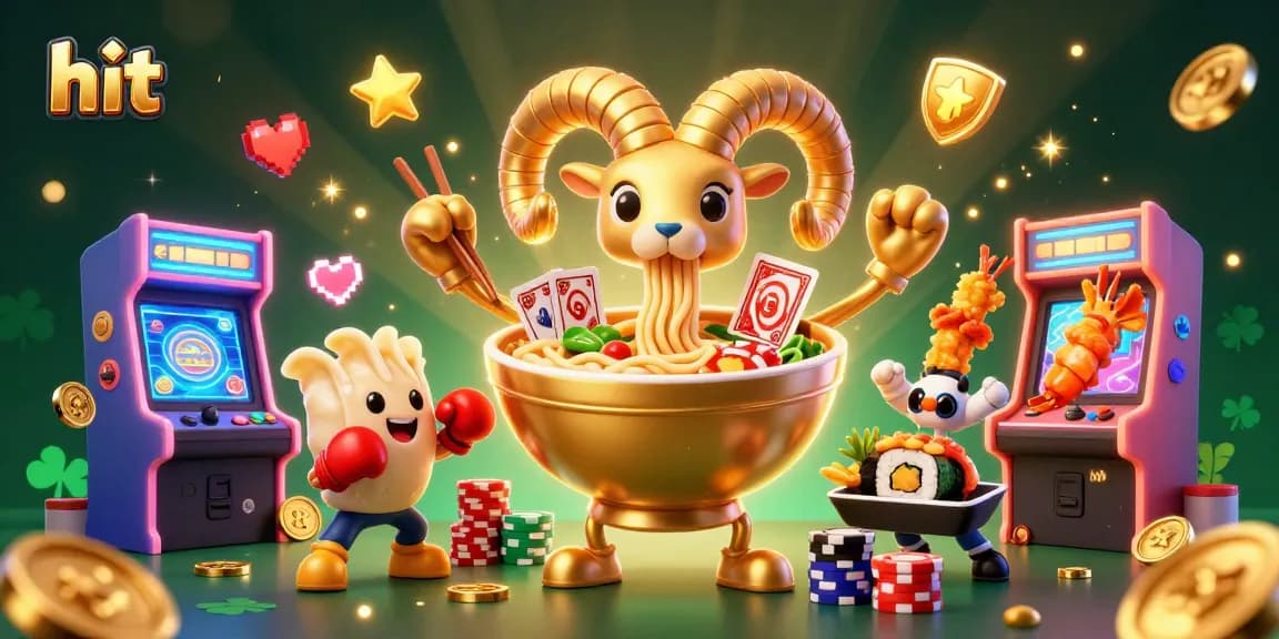 Hit the jackpot with a vibrant 3D casino scene featuring a golden ramen bowl and colorful game elements.