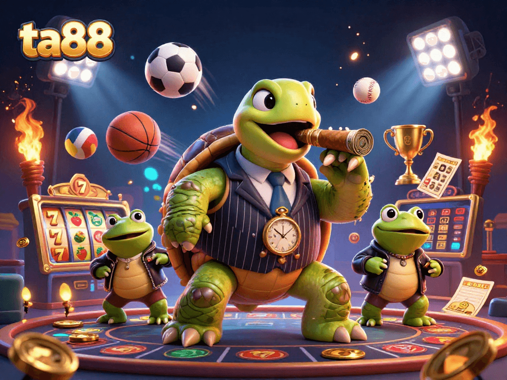 Experience ta88's vibrant casino atmosphere with a snapping turtle and bullfrog enforcers amidst exciting gaming elements.
