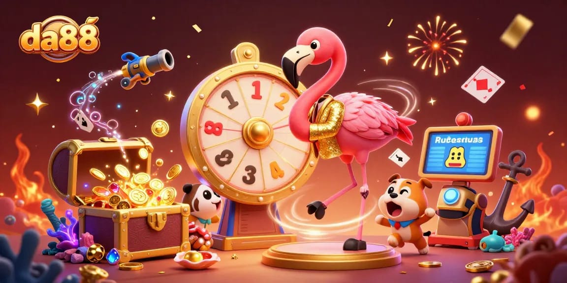 Engaging scene showcasing da88's vibrant gaming world with characters celebrating around the prize wheel.