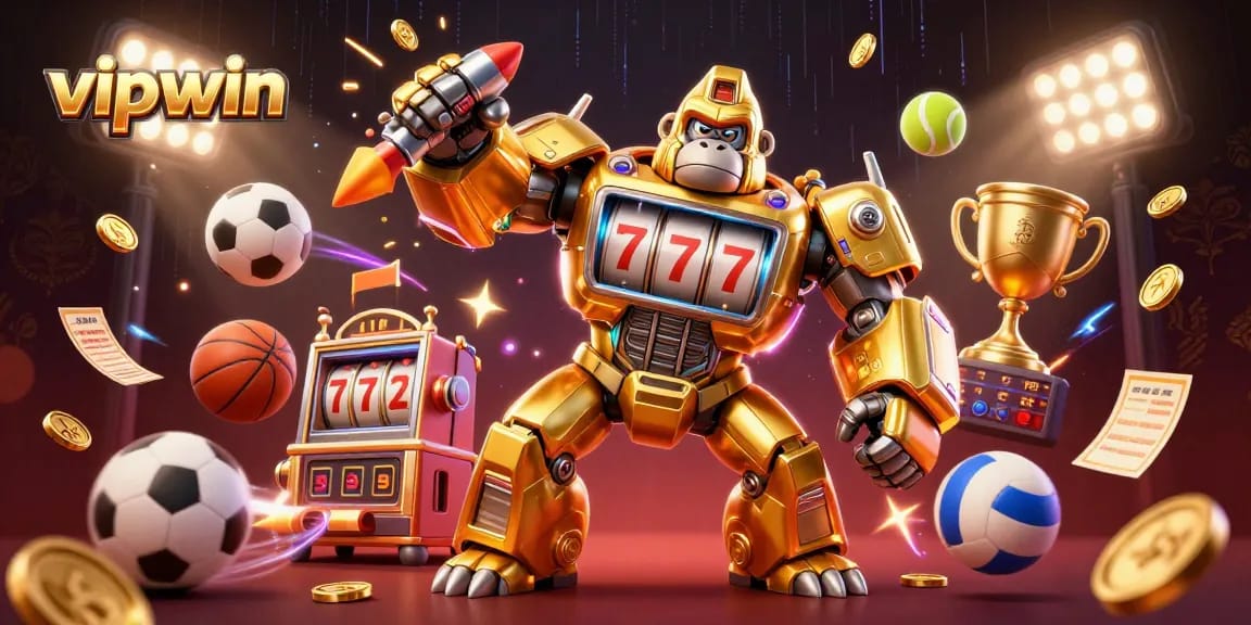 Experience thrilling action with vipwin's golden gorilla mech amidst sports balls and dynamic betting elements.