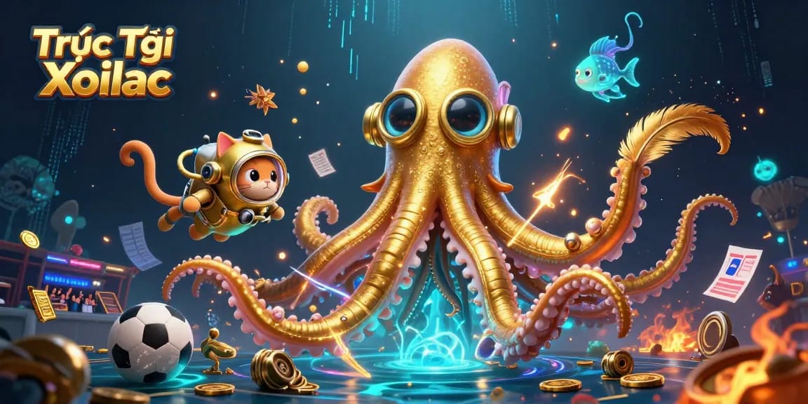 Experience Trực Tiếp Xoilac with our vibrant illustration showcasing a kraken, diving cat, and dynamic sports betting elements.