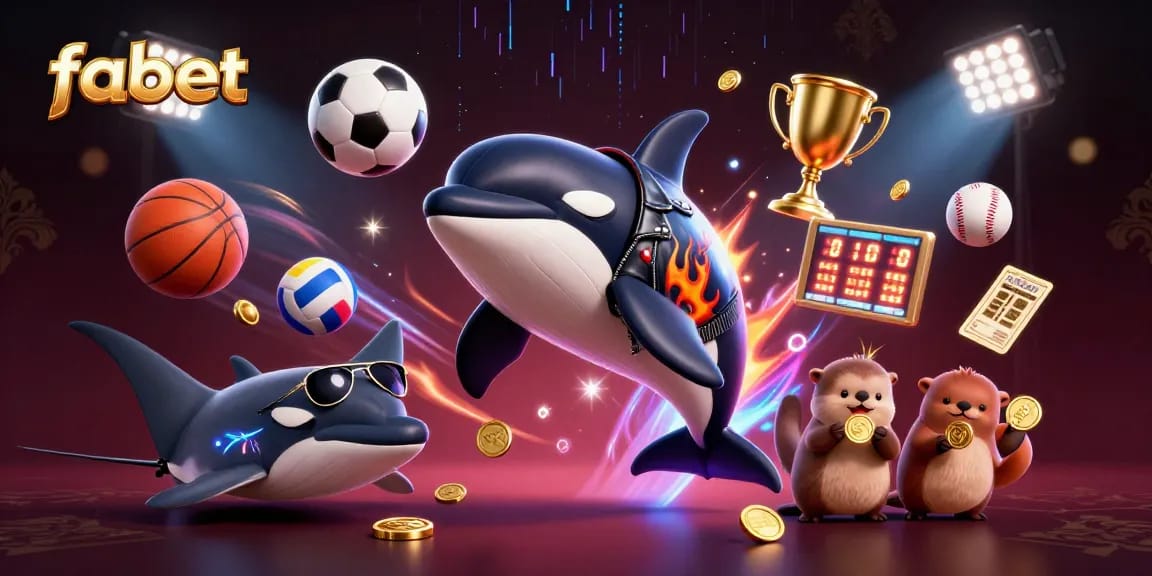 Experience thrilling gameplay with fabet, as an orca in a biker jacket jumps surrounded by vibrant sports elements.