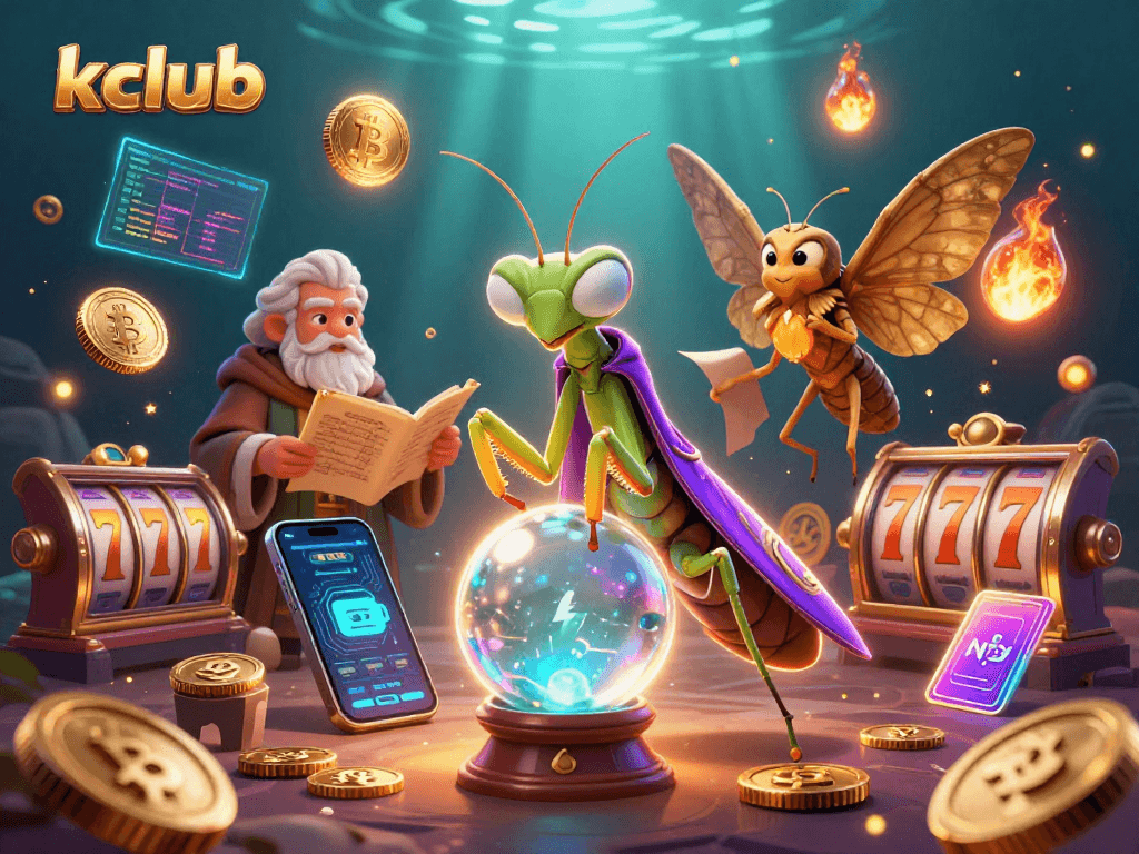 Kclub offers a vibrant casino experience with a colorful fortune teller, librarian, and floating fireflies, surrounded by dynamic slot elements.