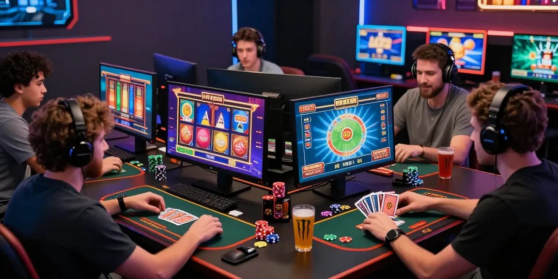 Diverse gamers enjoying LUCK8 casino games in a vibrant gaming lounge, showcasing excitement and community.