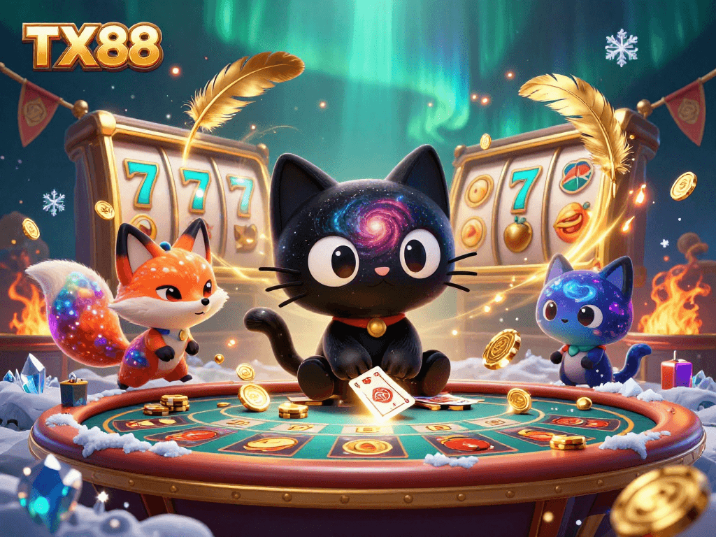 TX88 features a cosmic cat and fox at a lively casino table, surrounded by golden gameplay elements.