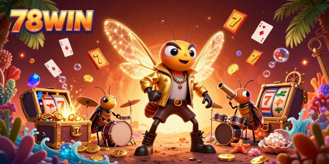 Experience the vibrant casino atmosphere at 78WIN, featuring a rock star cicada and lively gameplay elements.
