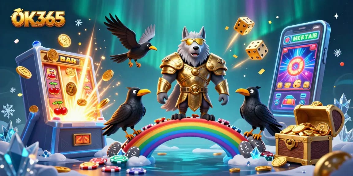 Experience thrilling gameplay with OK365, featuring Odin and ravens amidst a rich casino atmosphere.