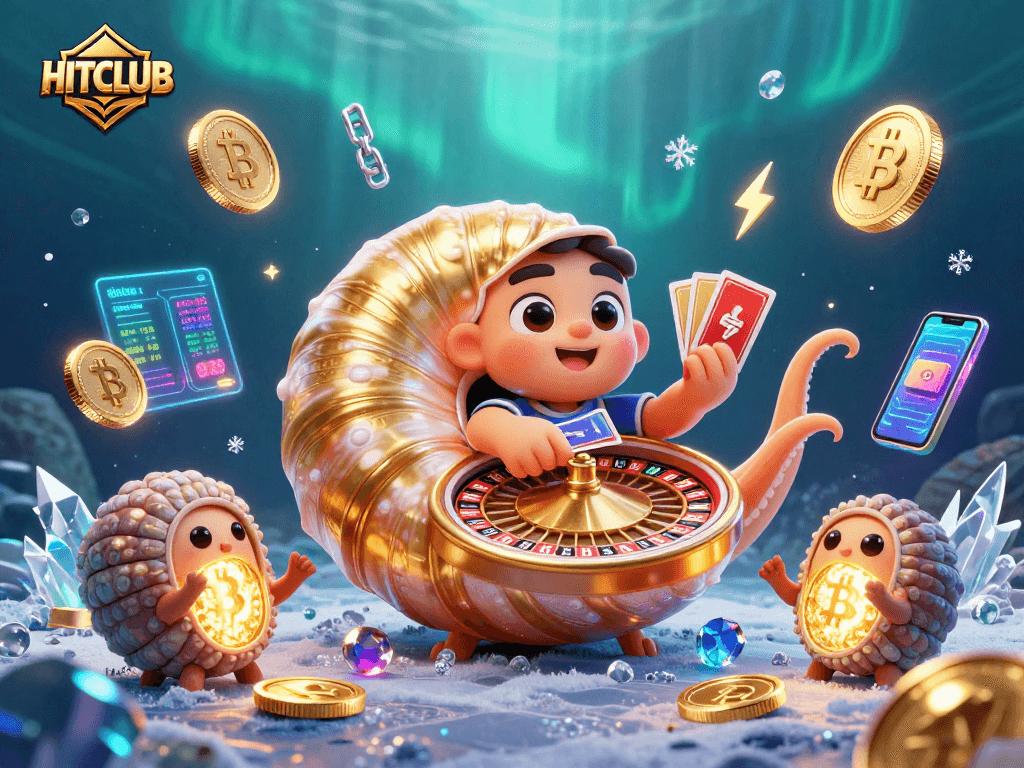 Engage in thrilling gaming at HITCLUB with giant nautilus, crypto coins, and vibrant casino elements.