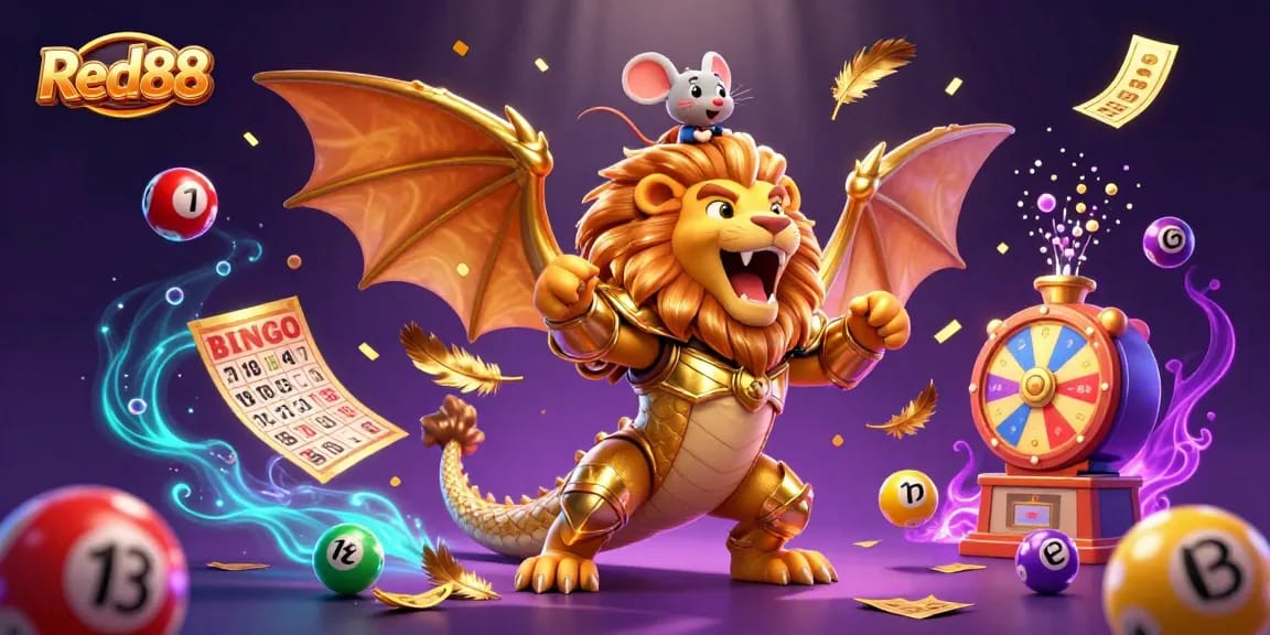Experience thrilling games at Red88, featuring a roaring chimera and vibrant lottery elements.